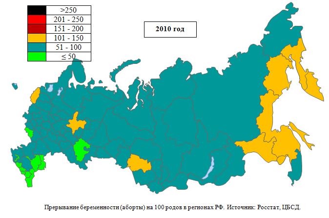 Прерывание беременности (аборты) на 100 родов в регионах РФ, 2010