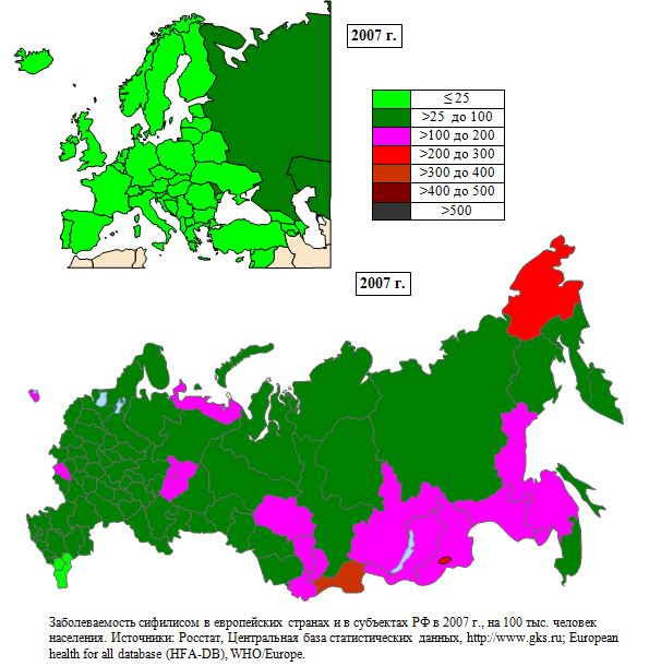 Заболеваемость сифилисом в европейских странах и в субъектах РФ в 2007 г., на 100 тыс. человек населения. 